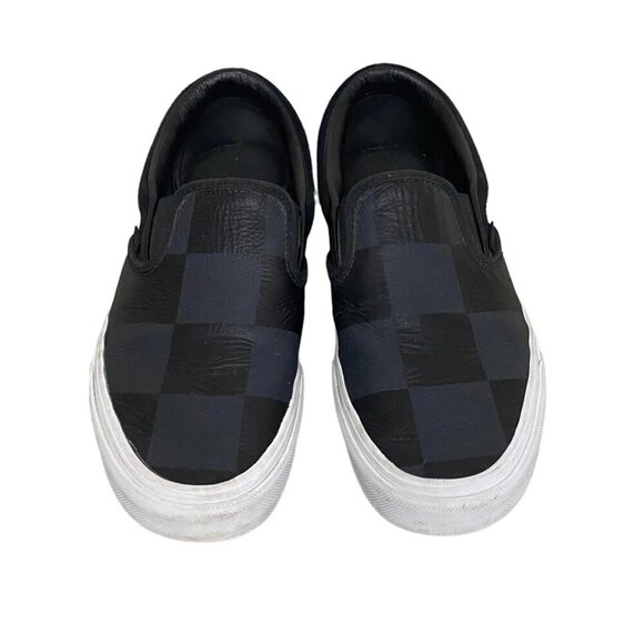 Vans Classic Leather and Canvas Slip On Black Gray Checker Sneakers Size 8.5 - Picture 1 of 6